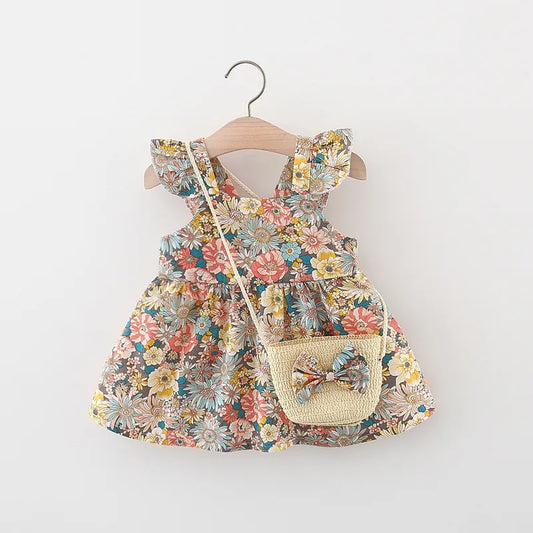 Fashion Toddler Baby Girl Baby Dress New Vintage Garden Flower Flying Sleeve Dress with Straw Bag for Summer