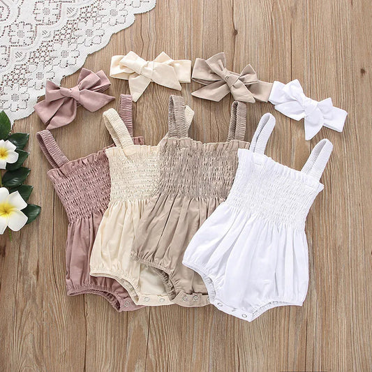 Baby Girls  Summer Jumpsuit Outfit Solid Casual Stye, Sleeveless Suspender Kids Rompers Headband Set Perfect for Summer